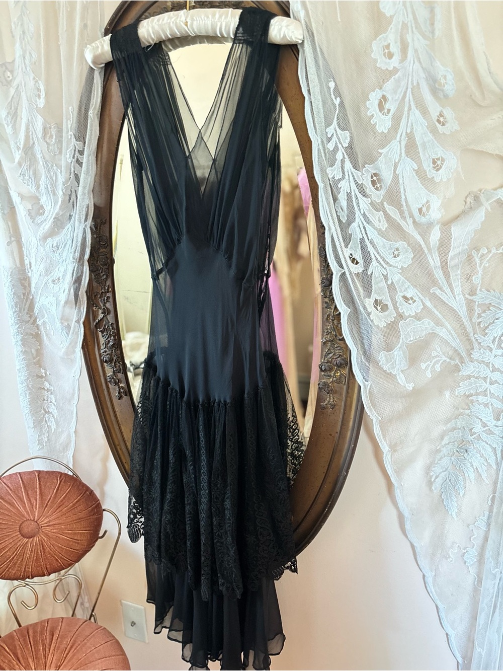 1930s Rare Vintage Black Sheer Silk Lace Dress Bolero Set - Picture 7 of 16